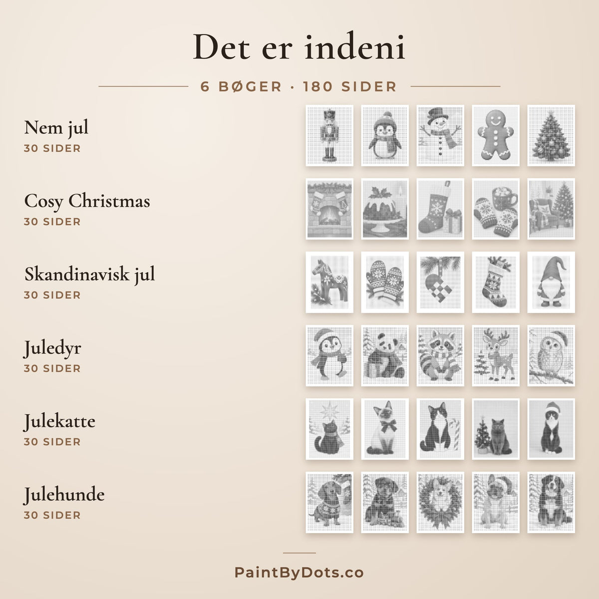 Indholdet i Den komplette julesamling prikmaleri pakken: Nem jul, Cosy Christmas, Skandinavisk jul, Juledyr, Julekatte og Julehunde