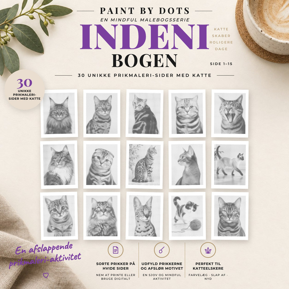 Forhåndsvisning af printbare Katteportrætter prikmaleri motiver, side 1 til 15