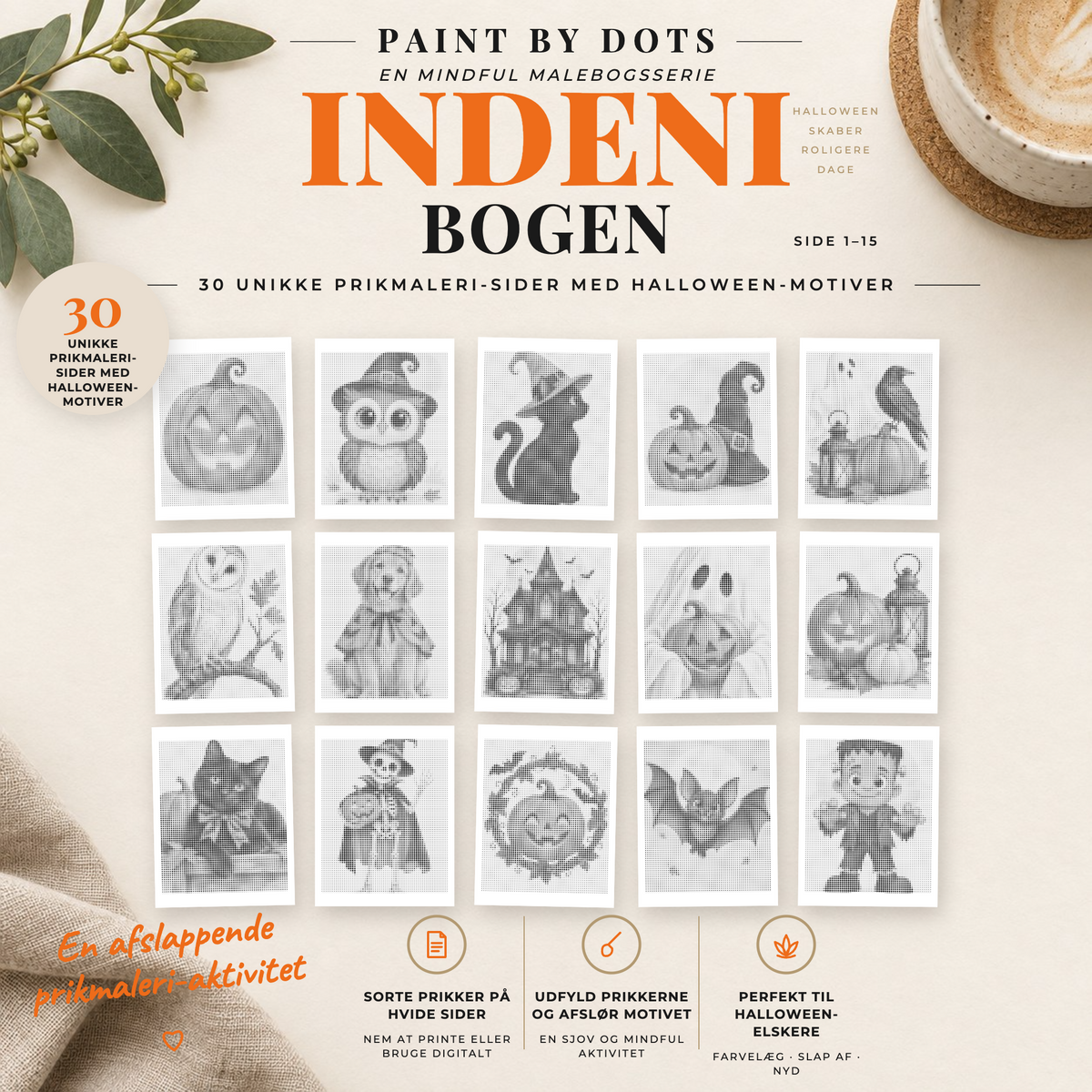 Prikmaleri med halloweenmotiver – oversigt over printbare sider 1–15