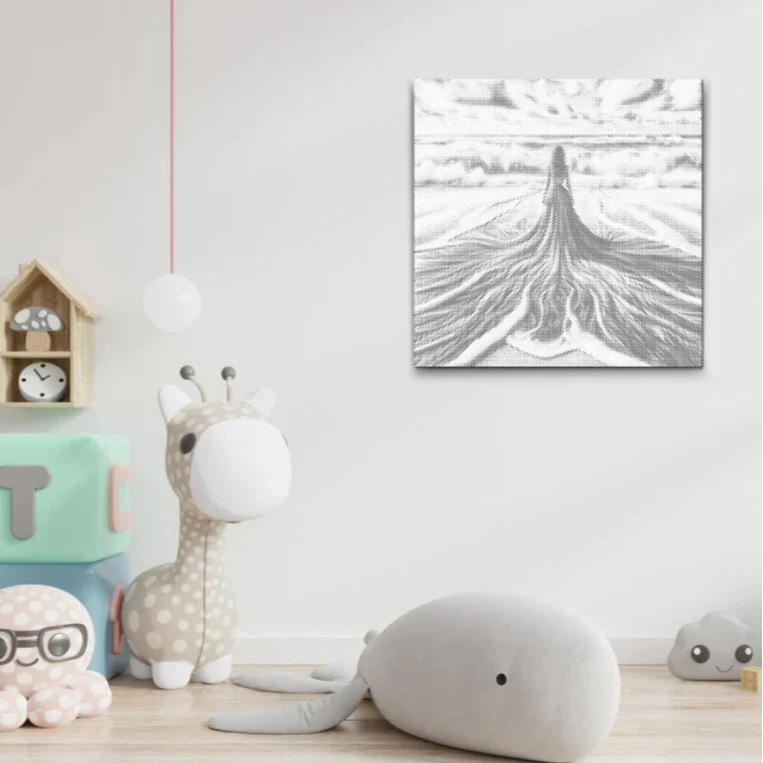 Dot painting havudsigt, prikmaleri sti mod havet, sort blå guld dot painting, rolig kystkunst