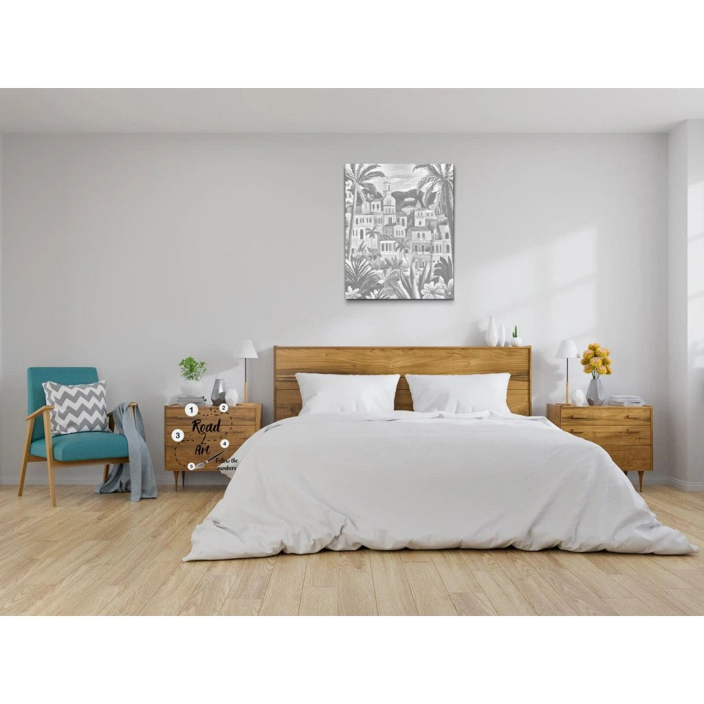 Prik maleri af palads omgivet af palmer dot painting