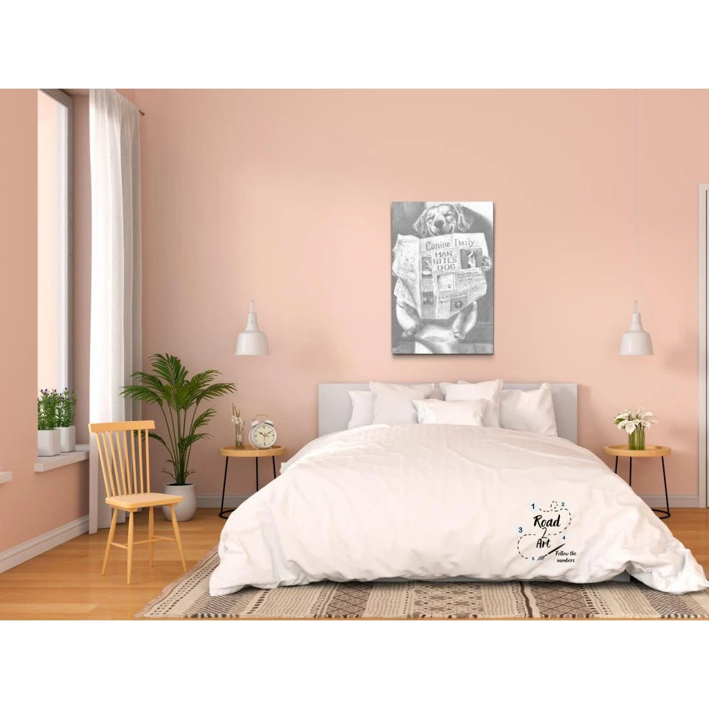 Prik maleri af klog hund der læser avis i sort hvid dot painting stil