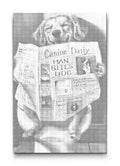 Prik maleri af klog hund der læser avis i sort hvid dot painting stil
