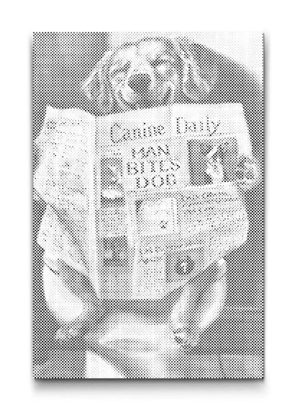 Prik maleri af klog hund der læser avis i sort hvid dot painting stil