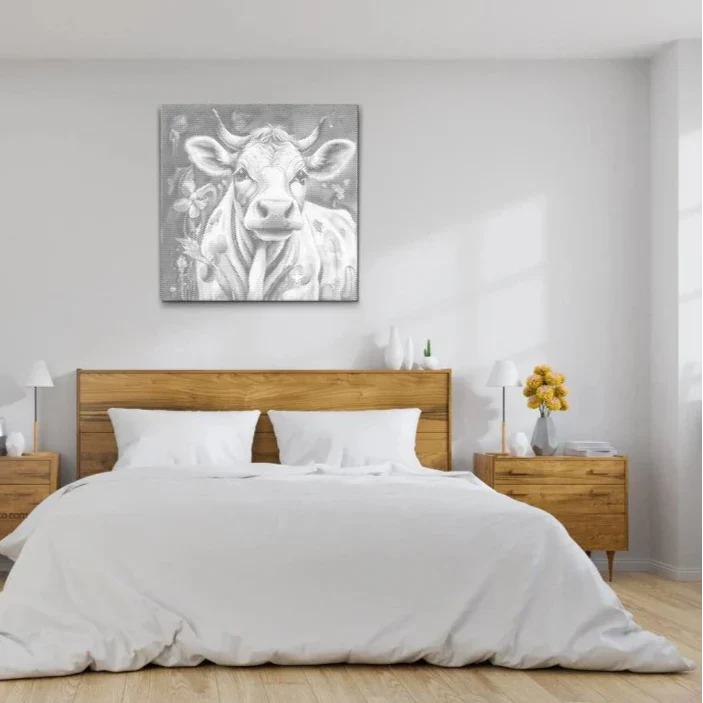 Dot painting ko, prikmaleri ko motiv, sort blå guld dot painting, hyggelig vægkunst med dyr