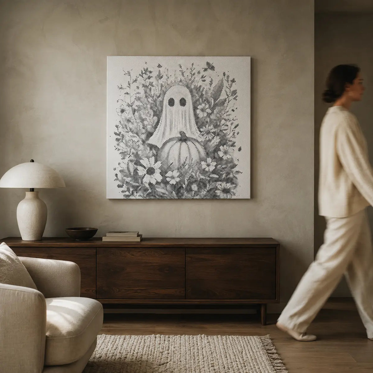 Spøgelse med græskar og blomster Halloween – prikmaleri – detalje
