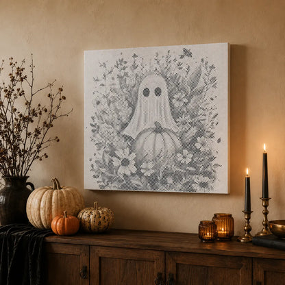 Spøgelse med græskar og blomster Halloween – prikmaleri – detalje