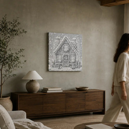 A woman in a cream lounge set walks past a wooden sideboard in a modern living room, with a black and white architectural art print hanging on the textured gray wall above.