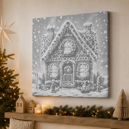 A square canvas wall art print showing a snowy house in black-and-white pixelated style, displayed above a wooden mantel with holiday decor including a lit candle, pinecones, a small paper tree, and a star ornament.