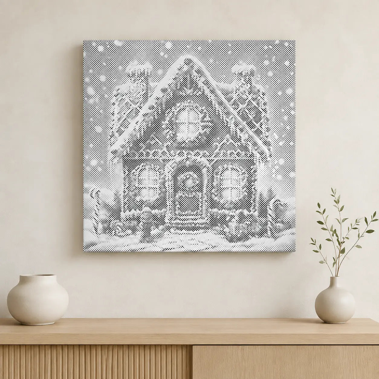 A square canvas print featuring a snowy gray-and-white gingerbread house, displayed on a light beige wall above a wooden console table with two white ceramic vases.