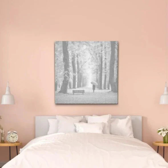 Dot painting skov, prikmaleri naturmotiv, sort blå guld dot painting, minimalistisk vægkunst skov