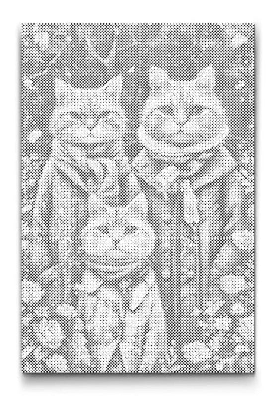 Dot painting kattefamilie, prikmaleri katte i haven, sort blå guld dot painting, hyggelig vægkunst