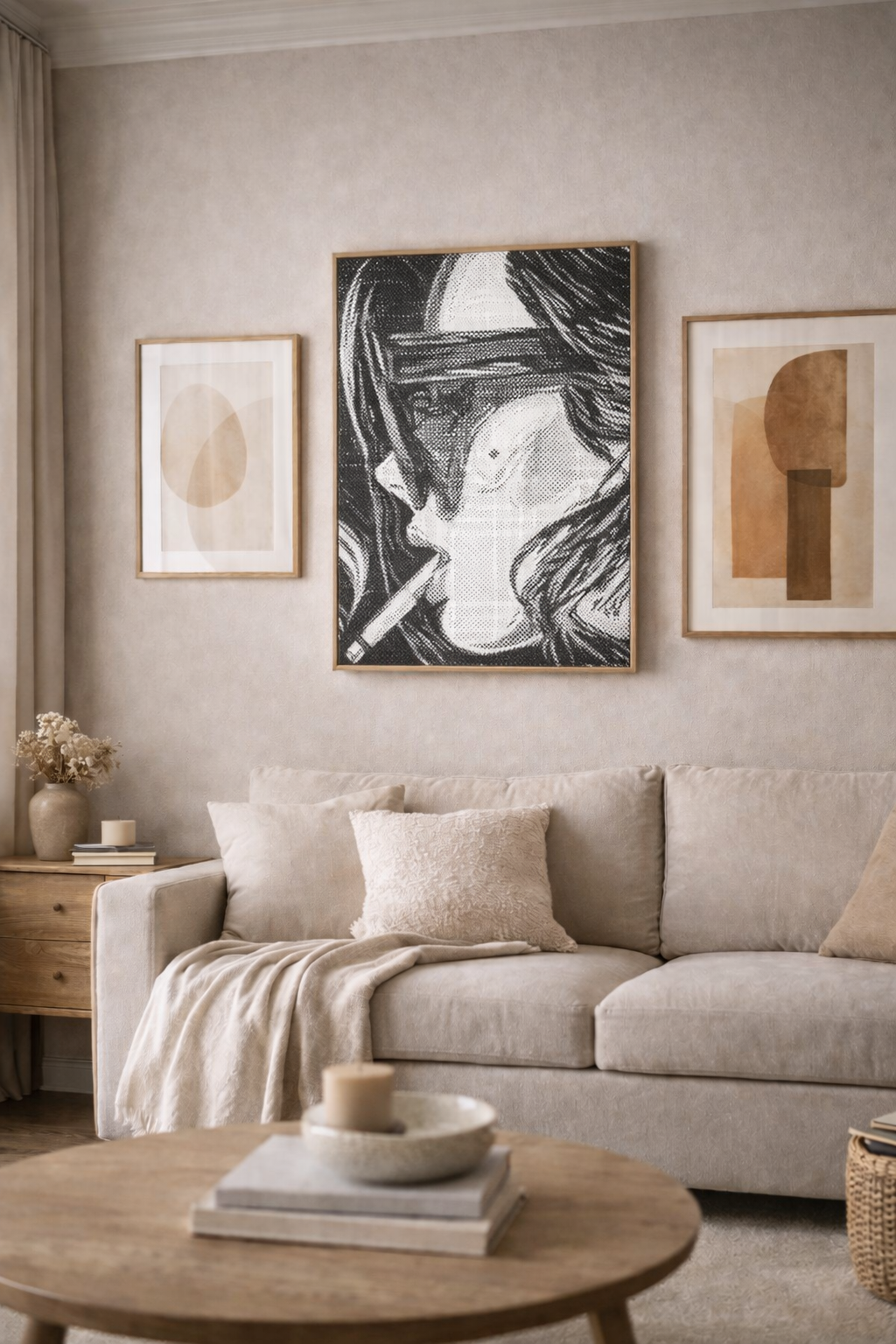 Dot painting kvindeportræt med solbriller sort hvid pop art kunst til hjemmet