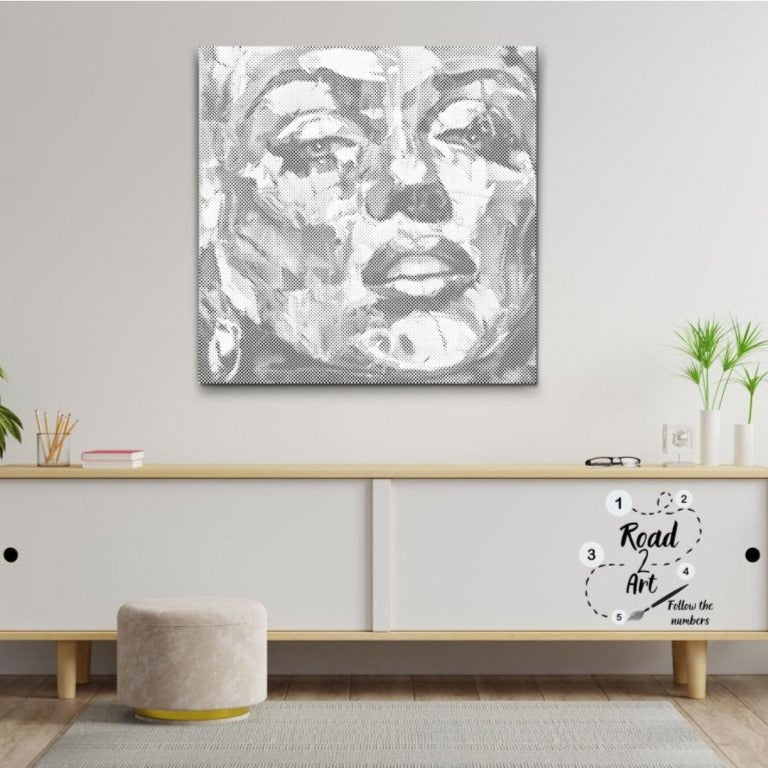 Dot art portræt med kraftige linjer og kunstneriske kontraster