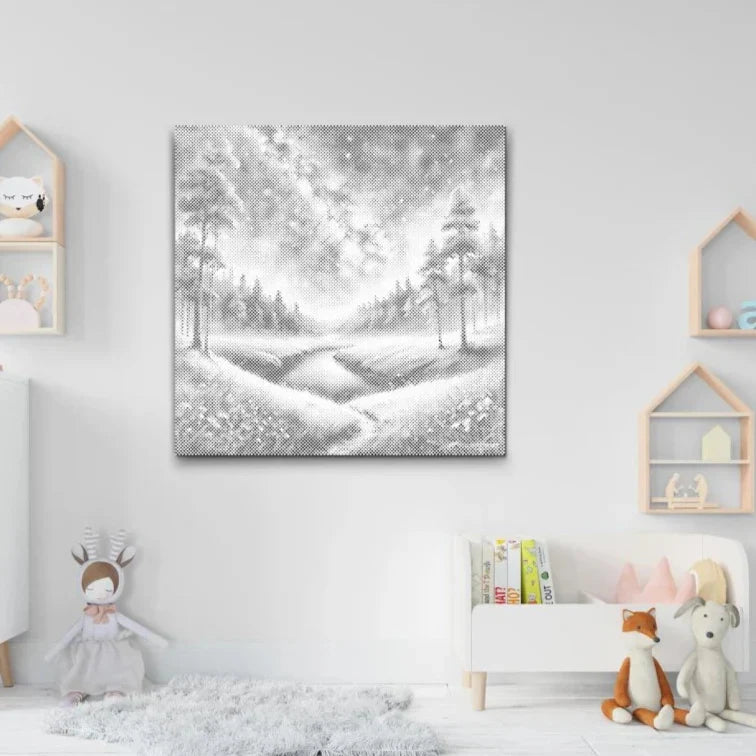 Dot painting natlandskab, prikmaleri landskab nat, sort blå guld dot painting, rolig vægkunst natur