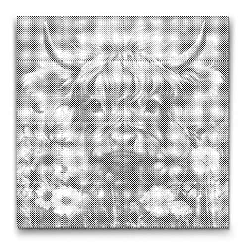 Baby højlandsko prikmaleri, sødt motiv i blomstereng