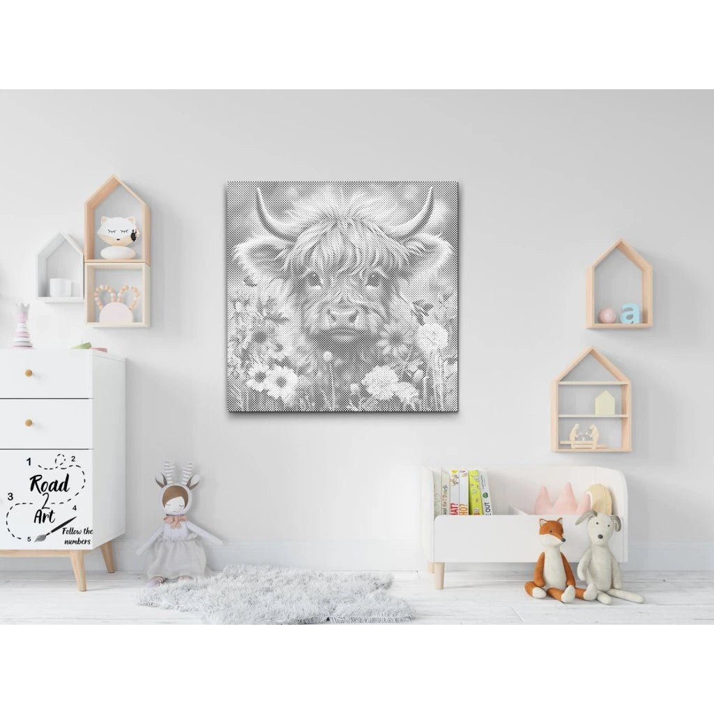 Prikmaleri af baby highland cow i dot art stil