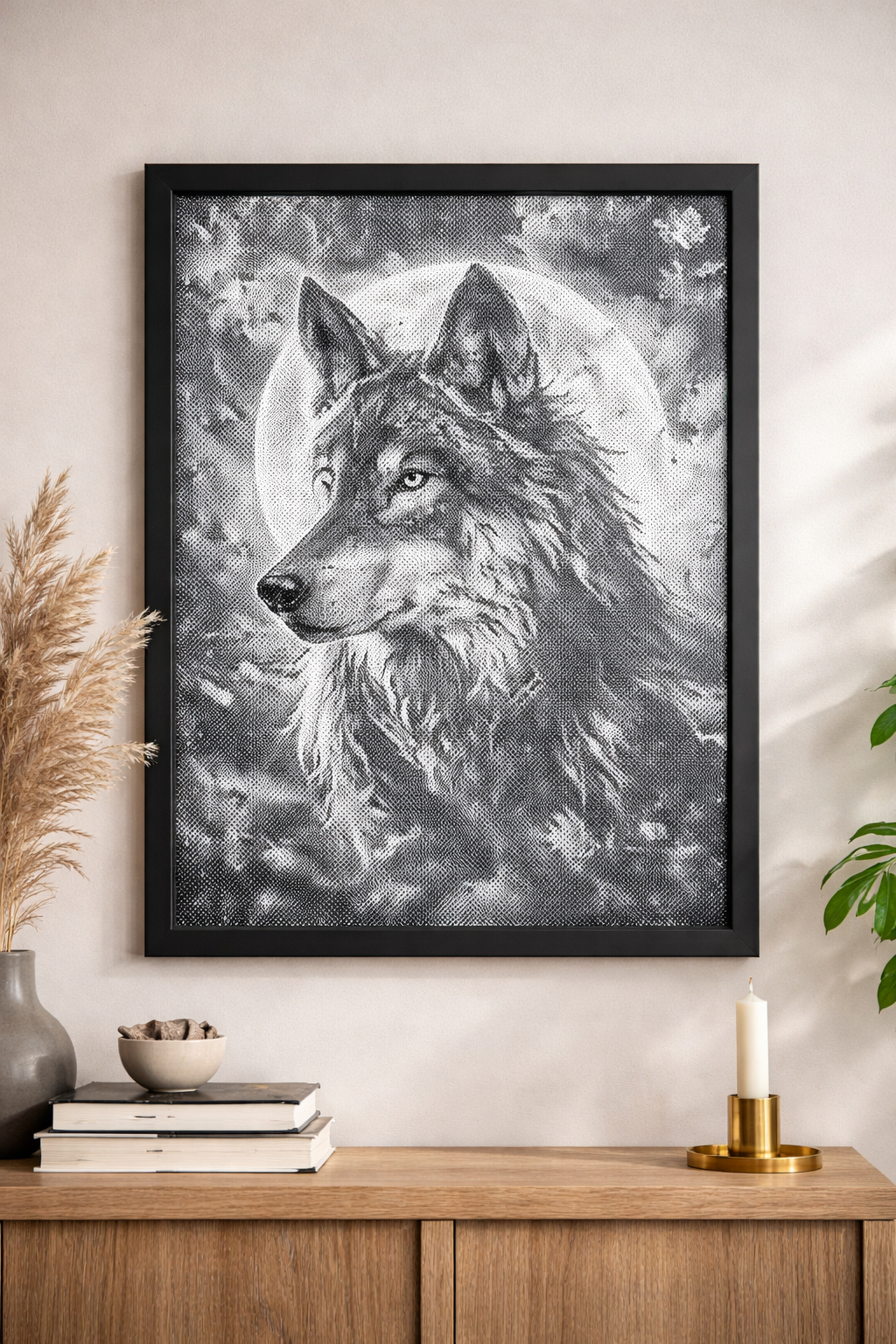 Nordisk Ulv kunst med fuldmåne dot painting mal med prikker 