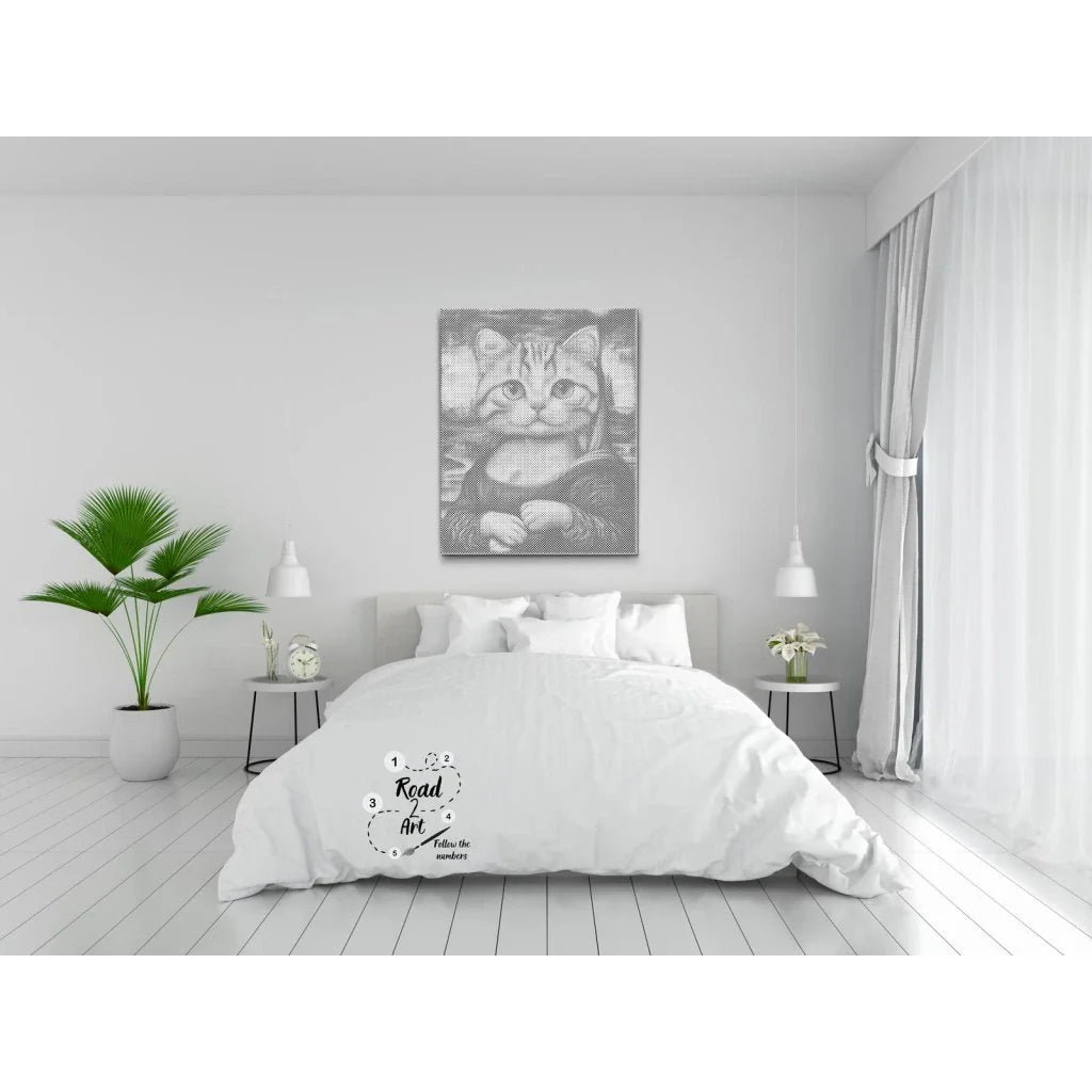 Sjov parodi på Mona Lisa med kat motiv dotpainting 