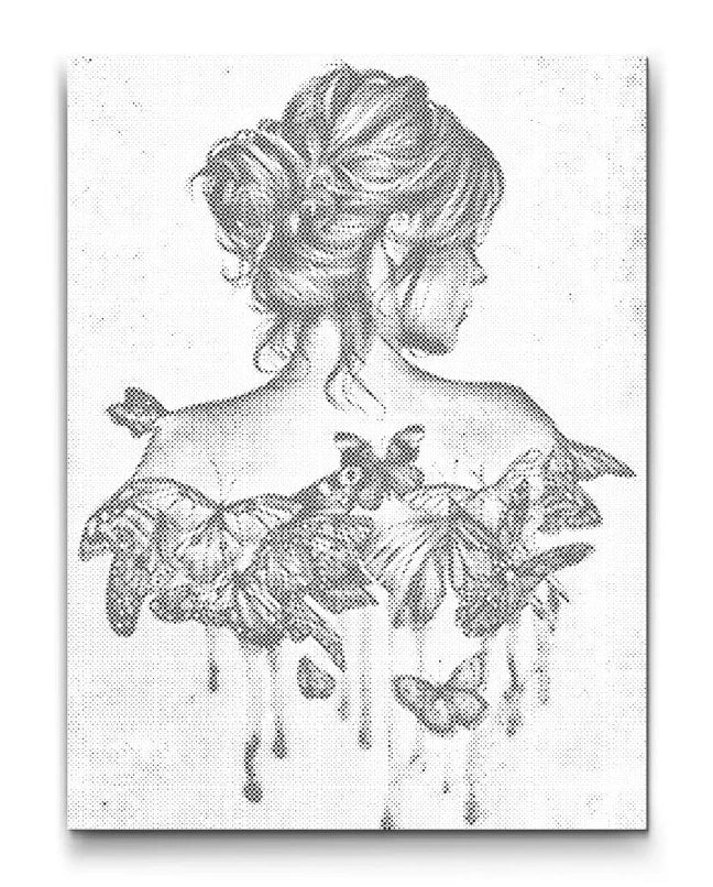 Prikmaleri af kvinde med sommerfugle på ryggen – butterfly effect motiv