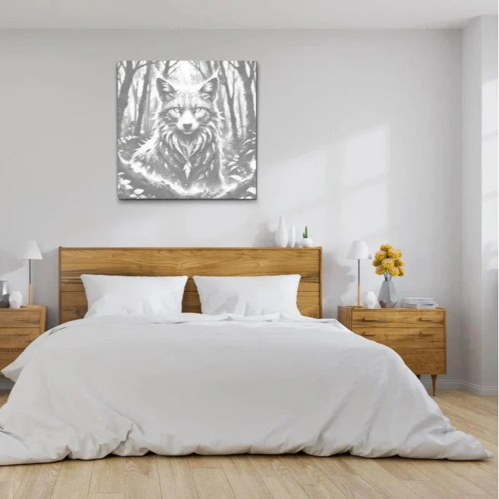 Dot painting ræv i skov, prikmaleri ræv, sort blå guld dot painting, naturkunst med dyr