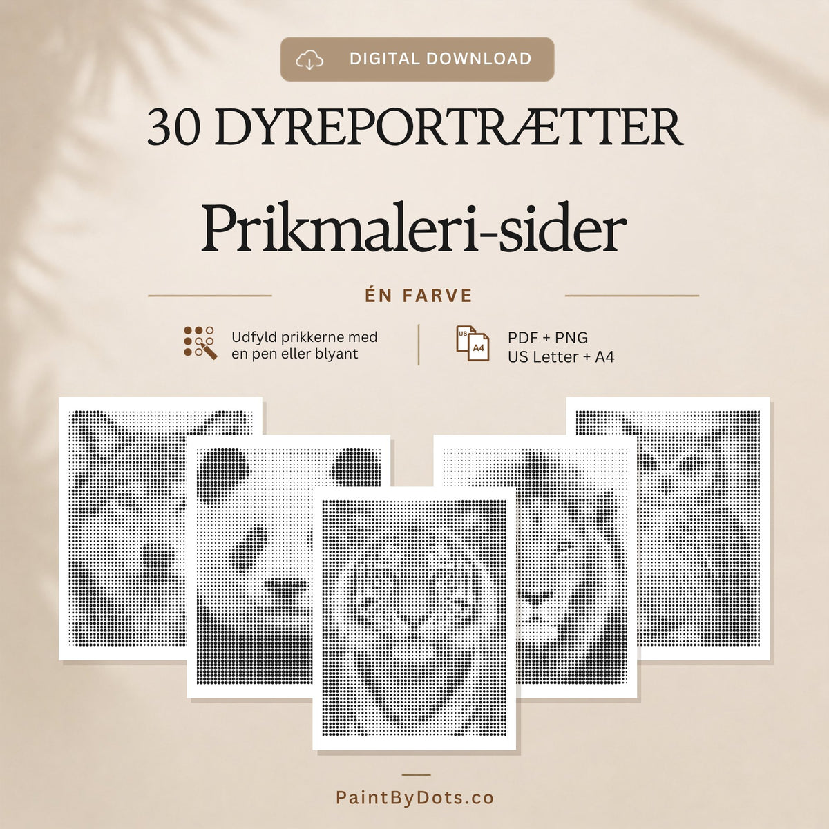 Dyreportrætter digital download med 30 printbare prikmaleri sider (dot painting)