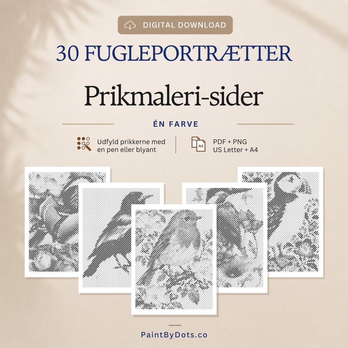 Fugleportrætter digital download med 30 printbare prikmaleri sider (dot painting)