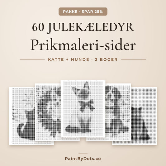 Julekæledyr prikmaleri pakke med 60 printbare sider fra 2 bøger