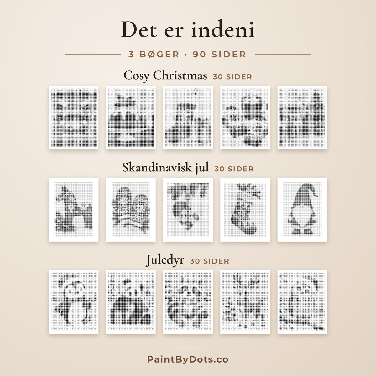Indholdet i Hyggelig nordisk jul prikmaleri pakken: Cosy Christmas, Skandinavisk jul og Juledyr