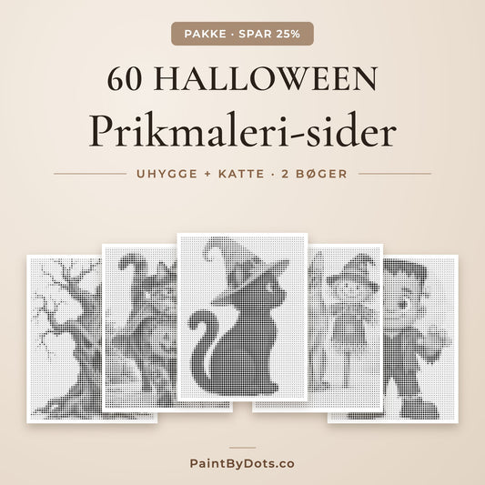 Halloween prikmaleri pakke med 60 printbare sider fra 2 bøger