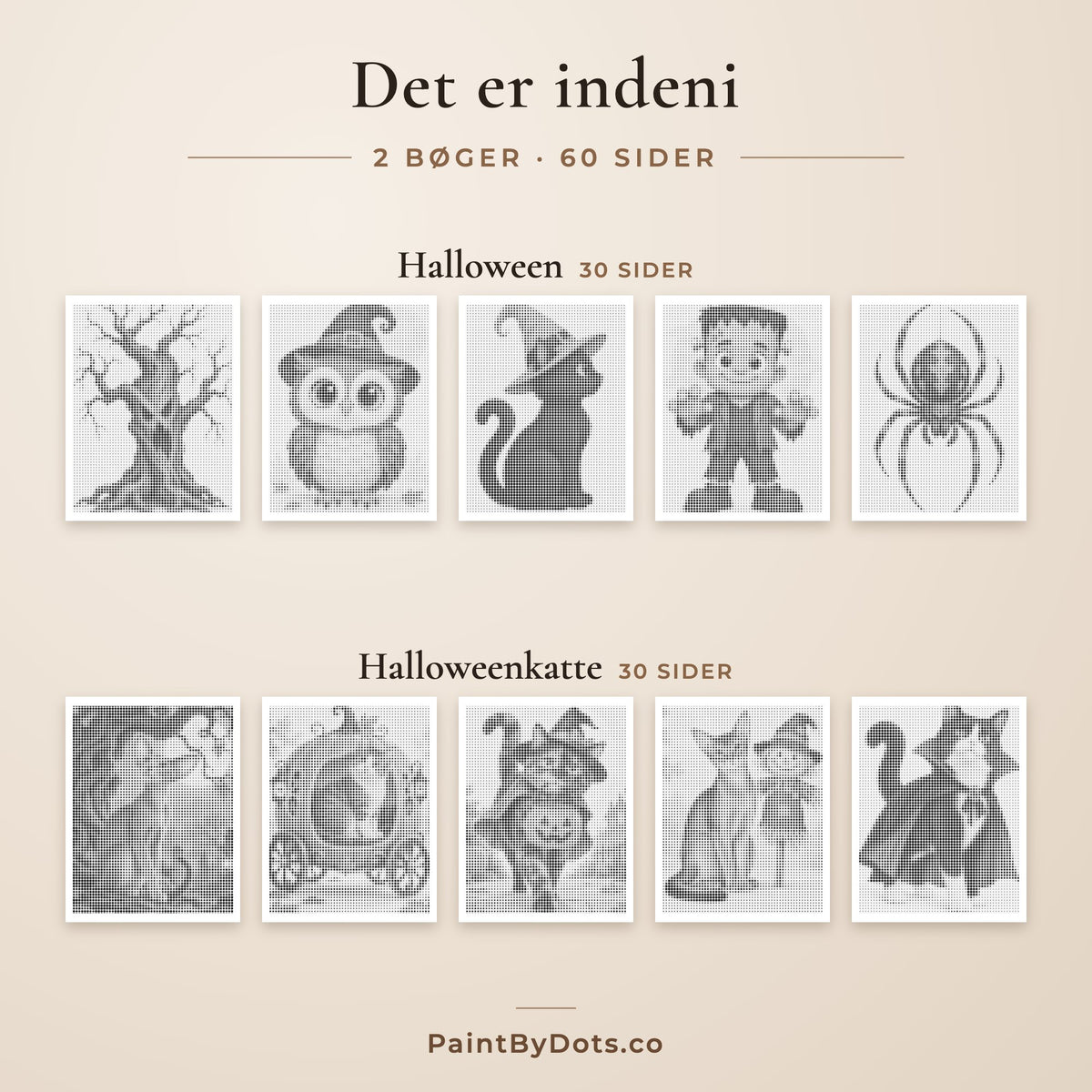 Indholdet i Halloween prikmaleri pakken: Halloween og Halloweenkatte