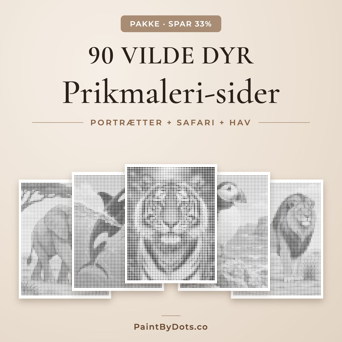 Vilde dyr prikmaleri pakke med 90 printbare sider fra 3 bøger