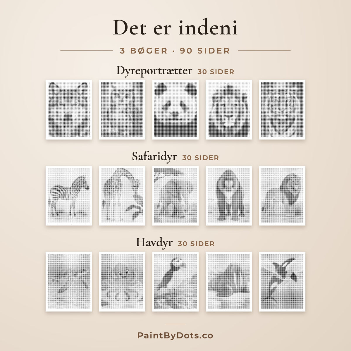 Indholdet i Vilde dyr prikmaleri pakken: Dyreportrætter, Safaridyr og Havdyr