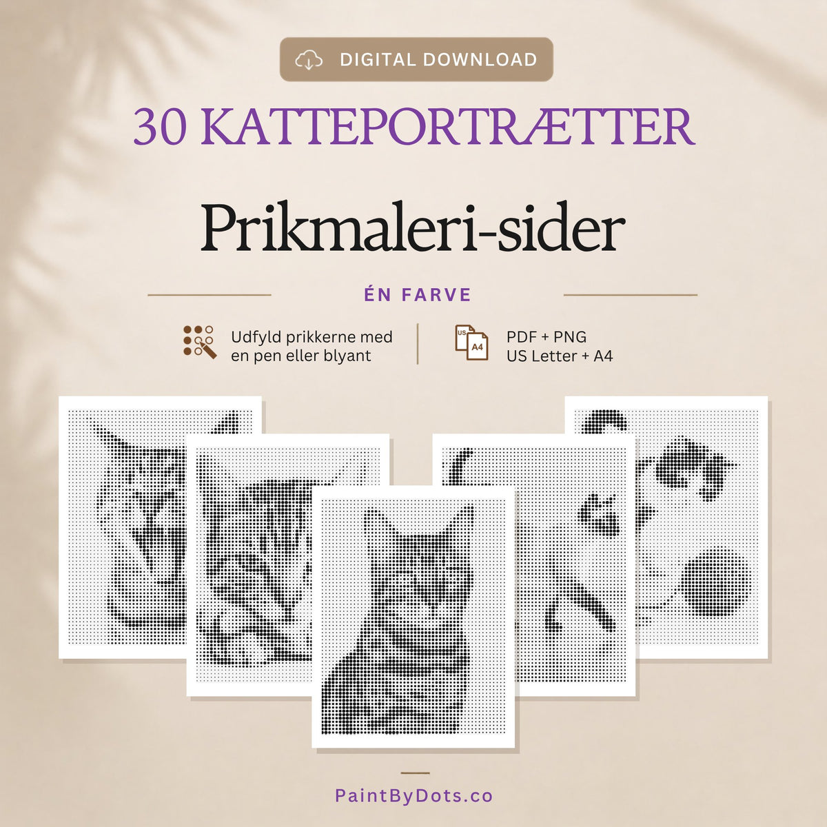 Katteportrætter digital download med 30 printbare prikmaleri sider (dot painting)