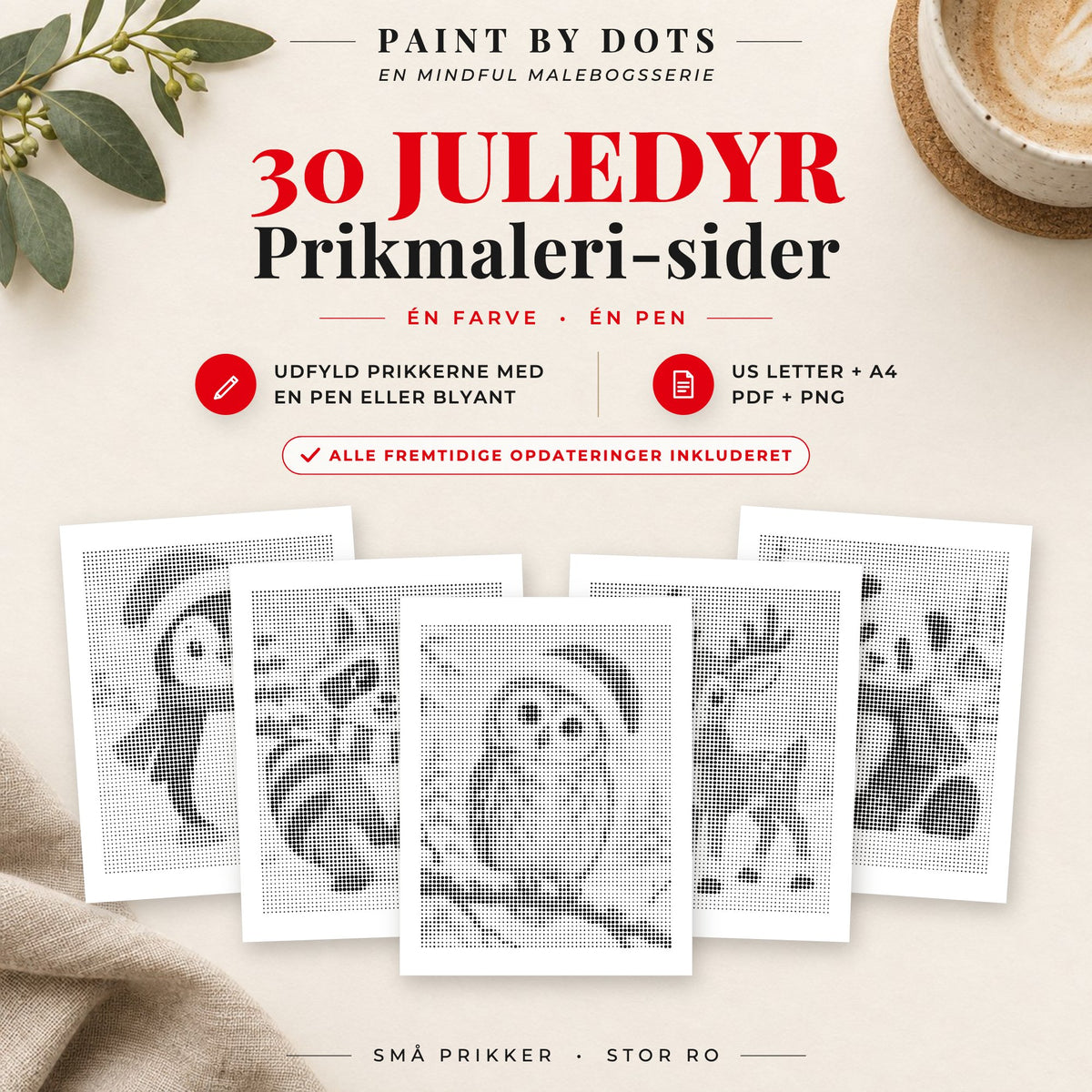 Forside til Juledyr prikmaleri bog med 30 printbare dyremotiver til jul