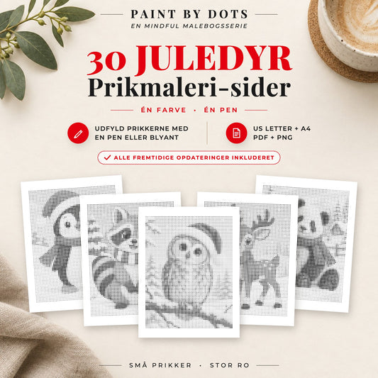 Forside til Juledyr prikmaleri bog med 30 printbare dyremotiver til jul