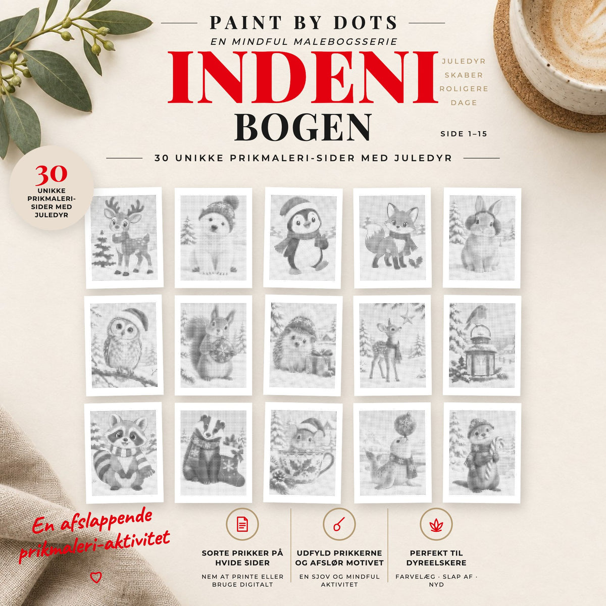 Forhåndsvisning af printbare Juledyr prikmaleri motiver, side 1 til 15