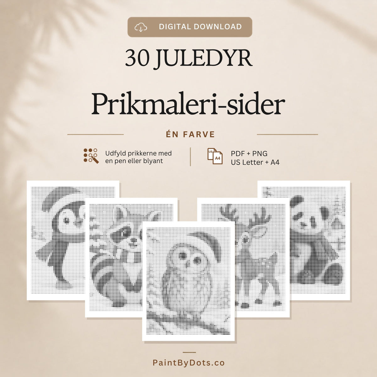 Juledyr digital download med 30 printbare prikmaleri sider (dot painting)