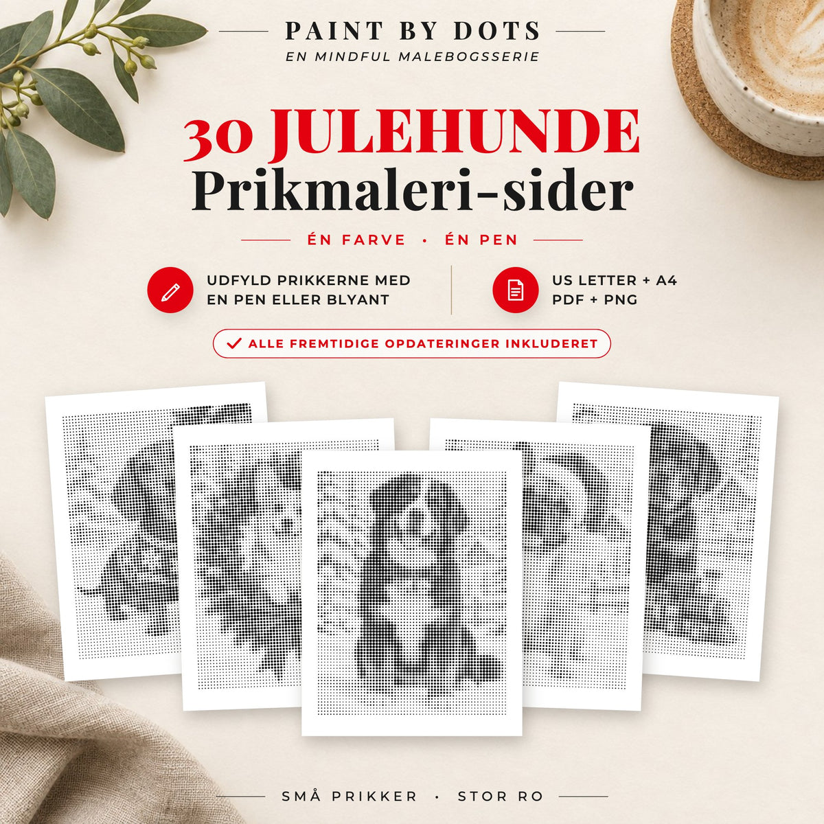 Forside til Julehunde prikmaleri bog med 30 printbare hundemotiver til jul