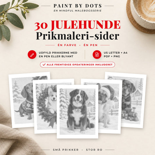 Forside til Julehunde prikmaleri bog med 30 printbare hundemotiver til jul