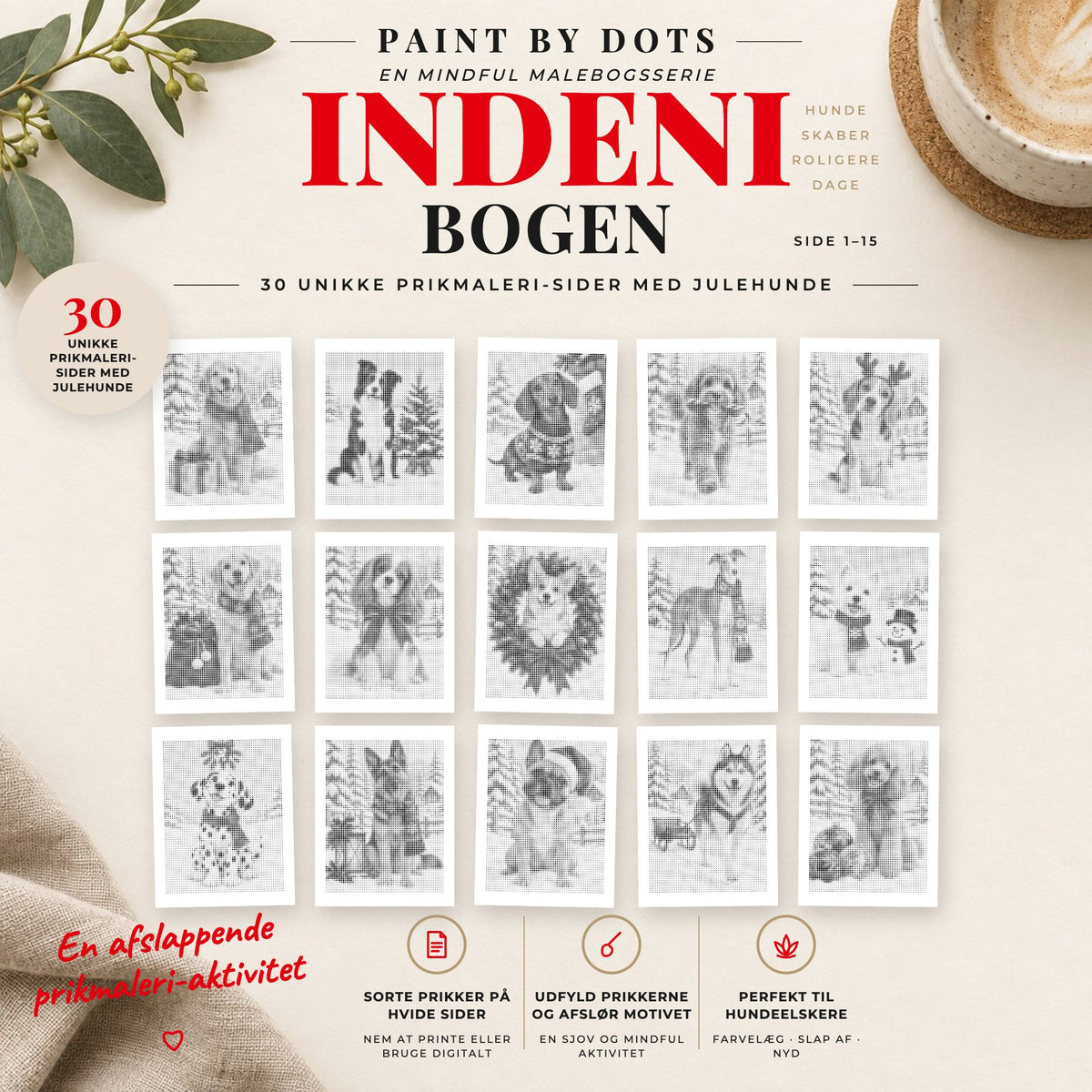 Forhåndsvisning af printbare Julehunde prikmaleri motiver, side 1 til 15