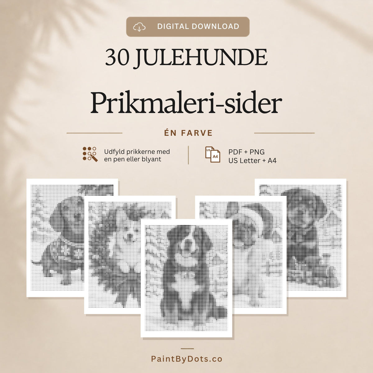 Julehunde digital download med 30 printbare prikmaleri sider (dot painting)