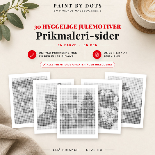 Forside til Cosy Christmas prikmaleri bog med 30 printbare julemotiver
