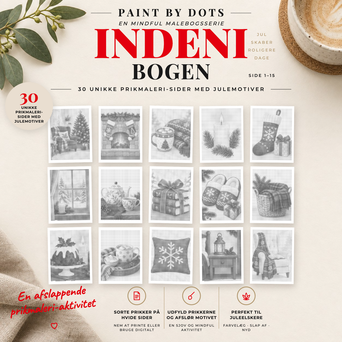 Forhåndsvisning af printbare Cosy Christmas prikmaleri motiver, side 1 til 15