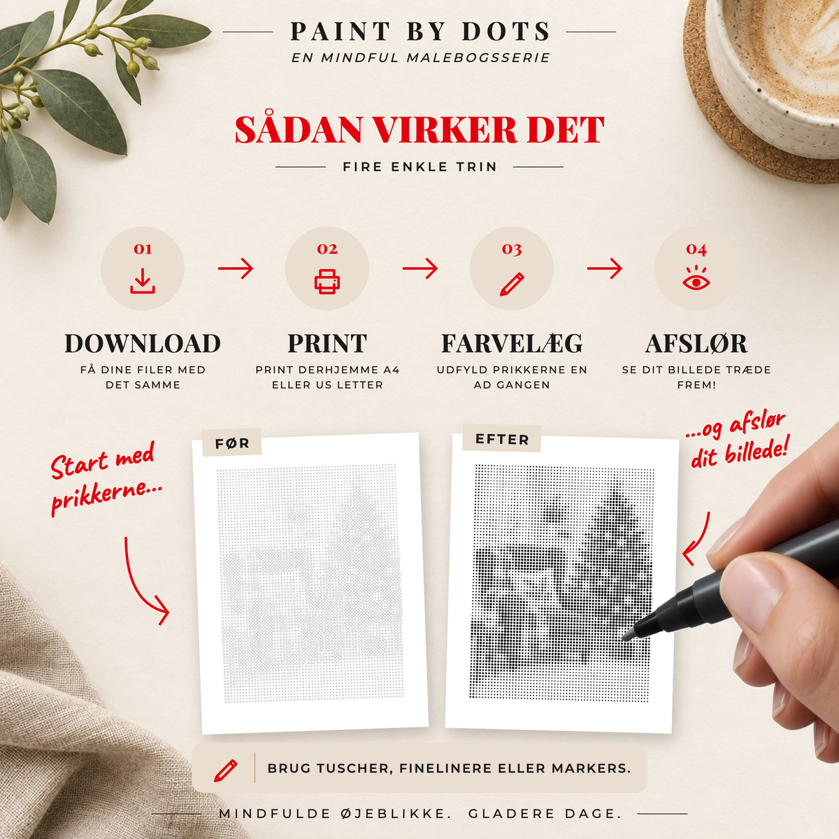 Sådan downloader, printer og udfylder du cirklerne i Cosy Christmas prikmaleri bog