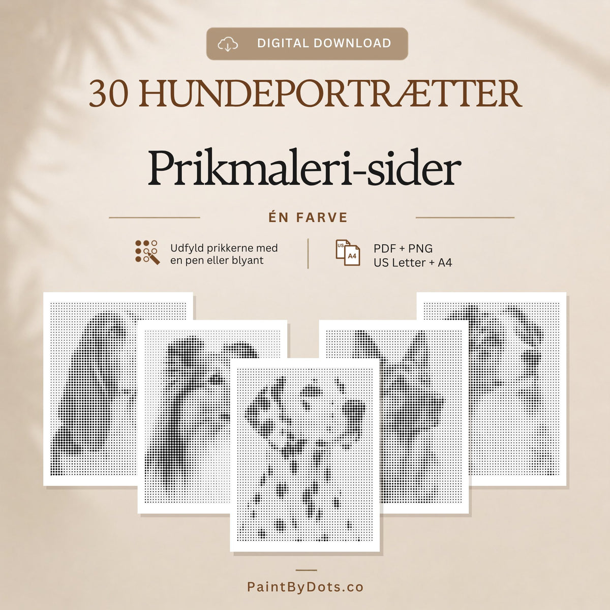 Hundeportrætter digital download med 30 printbare prikmaleri sider (dot painting)