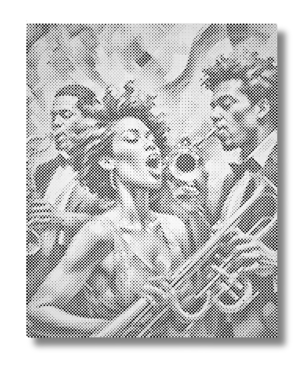 Prikmaleri af en jazzsangerinde omgivet af musikere. Et energisk design fyldt med liv, bevægelse og kunstnerisk udtryk.