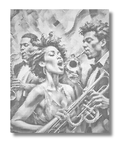 Prikmaleri af en jazzsangerinde omgivet af musikere. Et energisk design fyldt med liv, bevægelse og kunstnerisk udtryk.