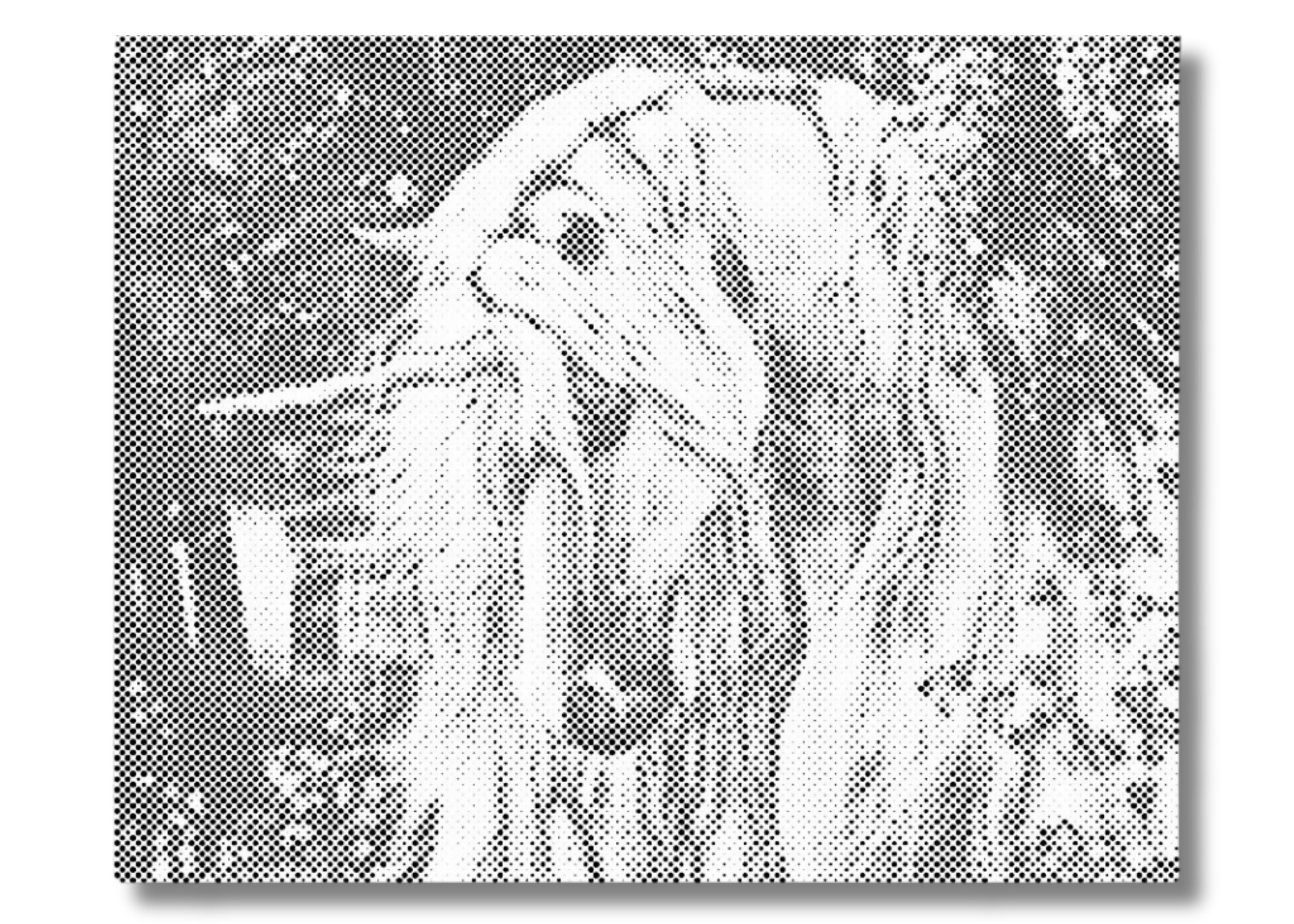 Sort hvid dot painting med enhjørning i skoven, prikmaleri enhjørning, minimalistisk sort hvid vægkunst