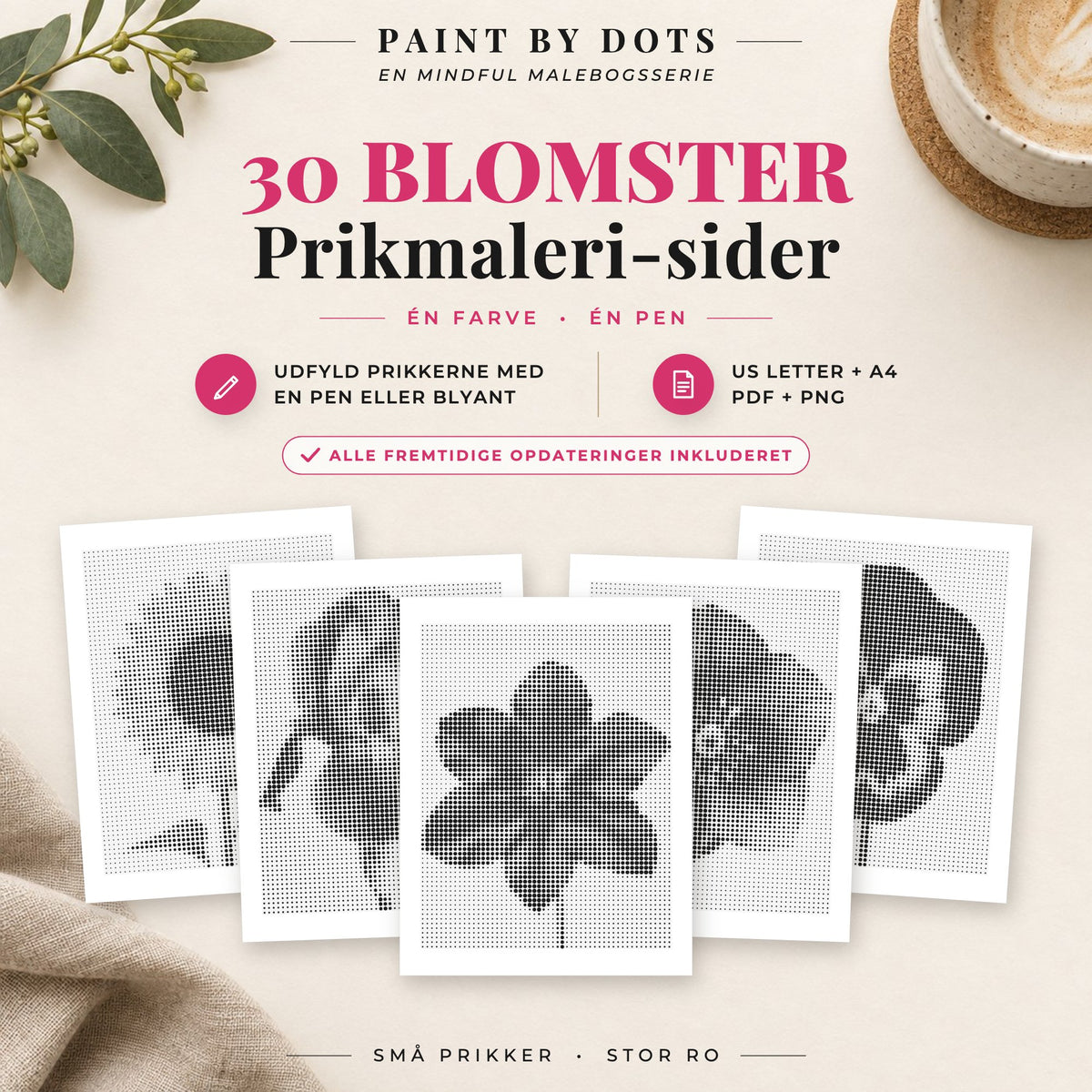 Forside til Blomster prikmaleri bog med 30 printbare blomstermotiver